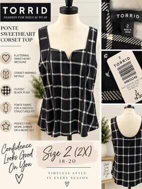 Torrid Ponte Sweetheart Corset Top – Black Plaid – Size 2X (18–20) – NWT